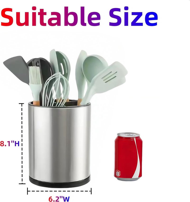 LIBODOUR Kitchen Utensil Holder Extra Large 360°Rotating For Counter Organizer Stainless Steel Storage Cooking Silverware Caddy 3 Compartment Flatware Spoon Spatula Tool Cutlery Container（Silvery） - Image 4
